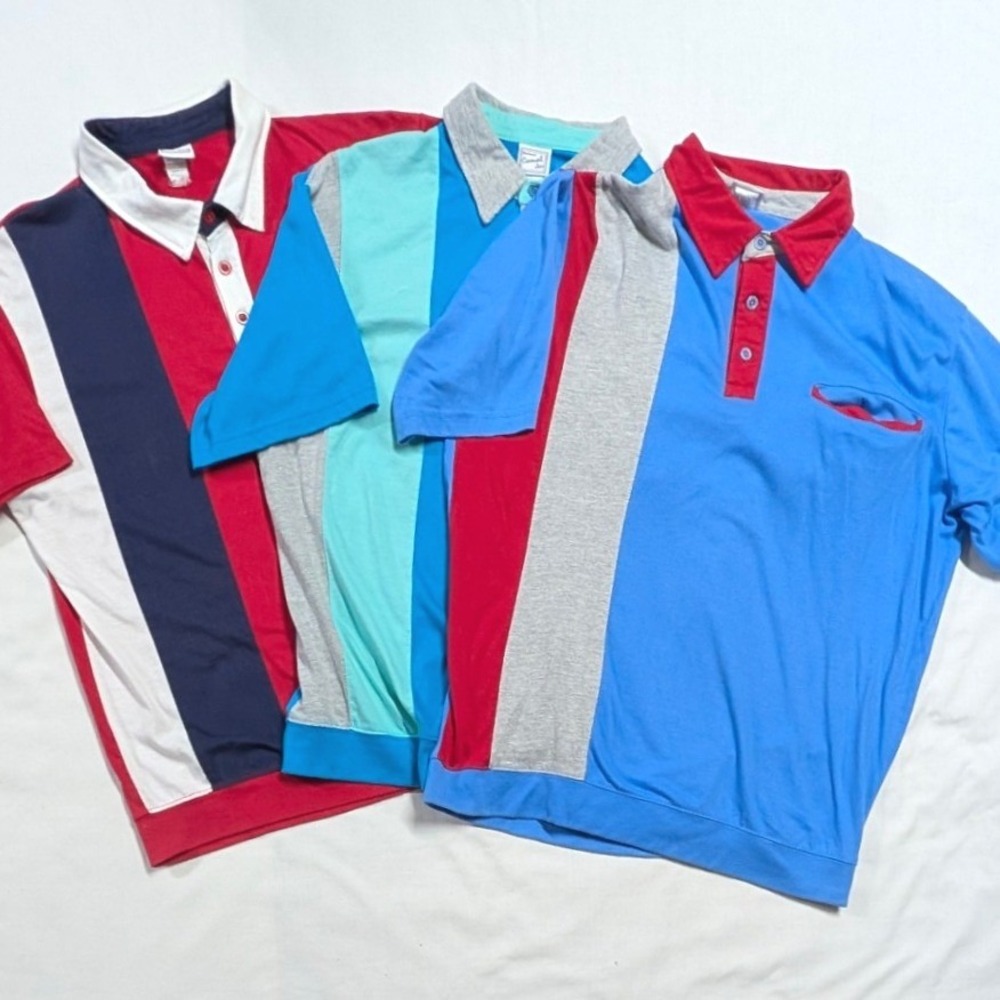 Haband Casual Joe Mens Colorblock Banded Bottom Polo Shirts Lot of 3 XL Retro